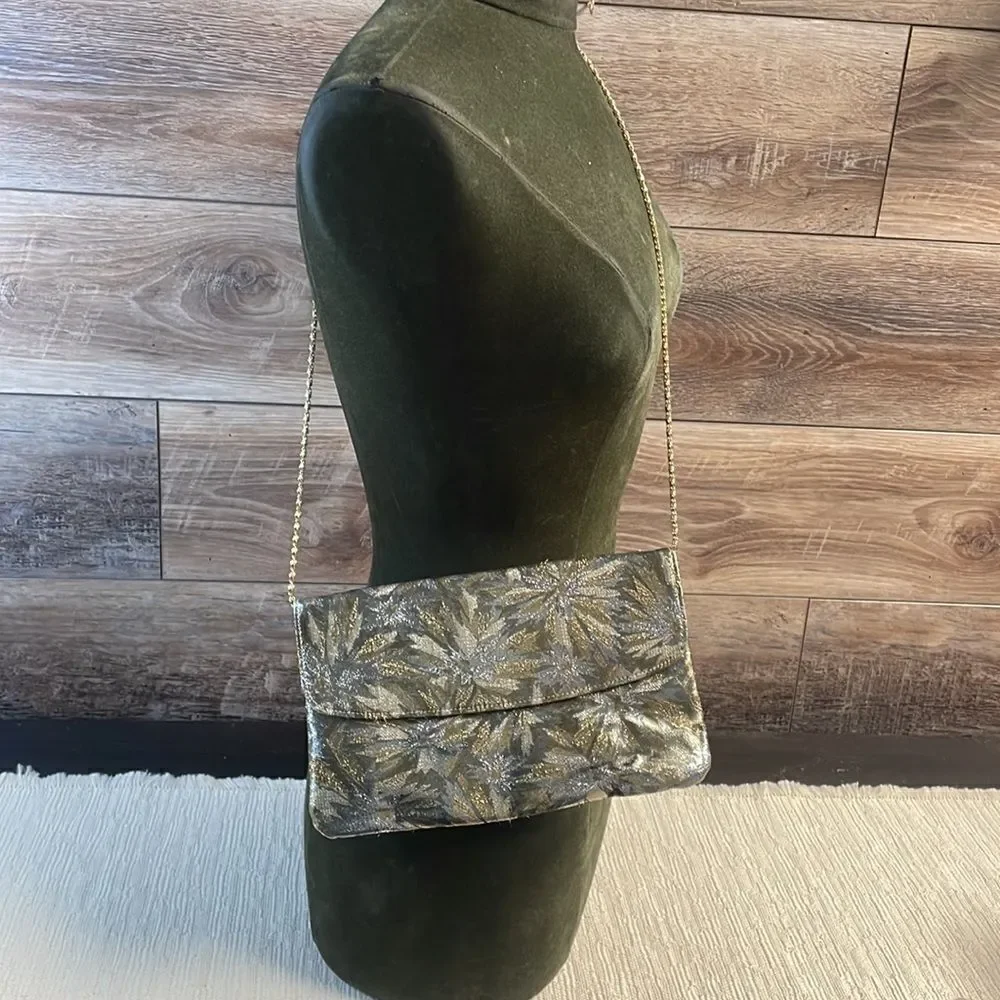 Evening Bag,Metallic Gold & Silver Floral Design,Goldtone Chain 10 1/2”W x 6” L